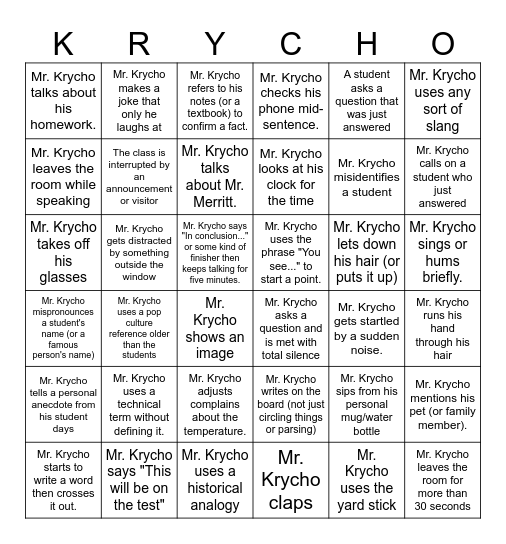 Single Class Bingo Card