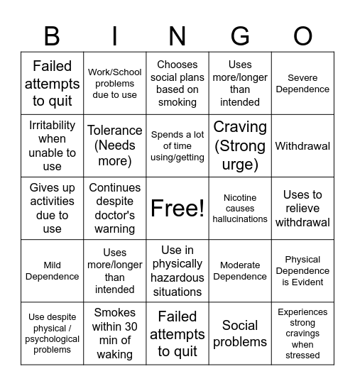 Nicotine Depence Bingo Card