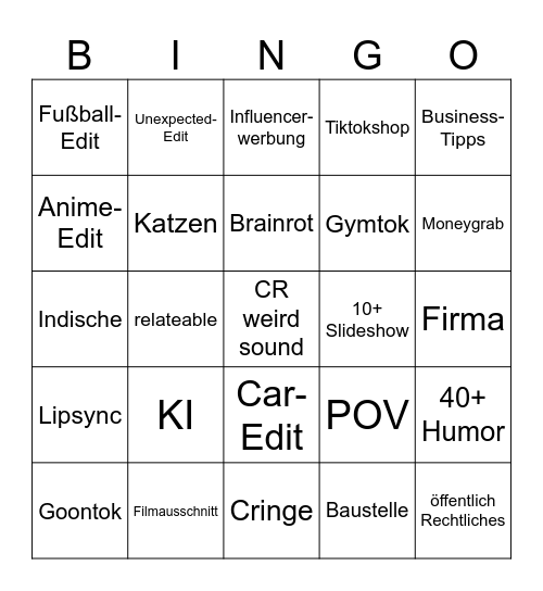 Tiktok Bingo Card