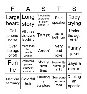 Fast Sunday Bingo Card