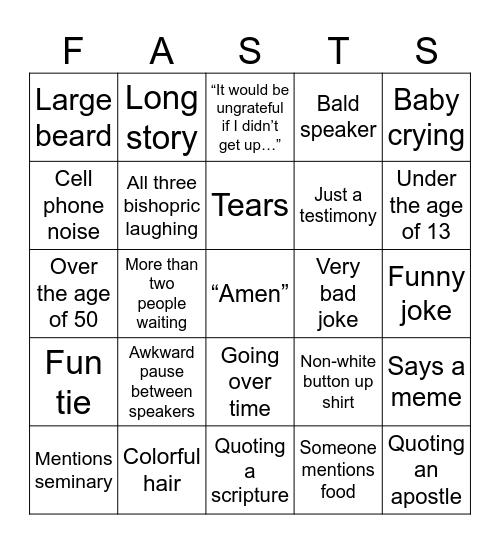 Fast Sunday Bingo Card