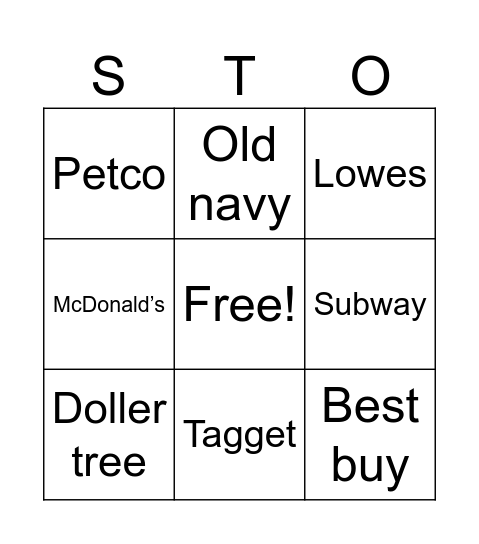 Store and fast food Bingo Card