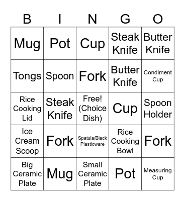 DISHES BINGO Card