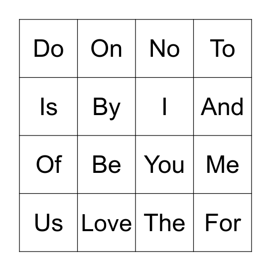 Sight Word Bingo Card