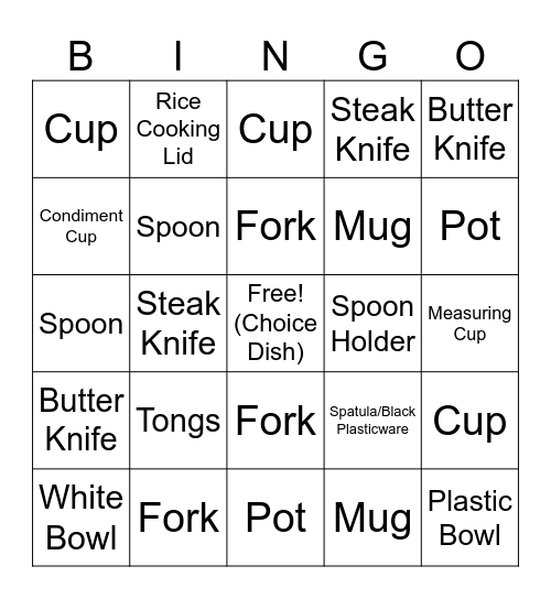 Dishes Bingo Card
