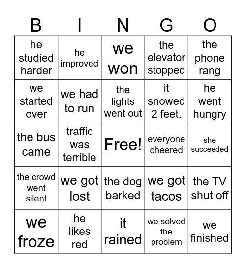 Transition Word Bingo Card