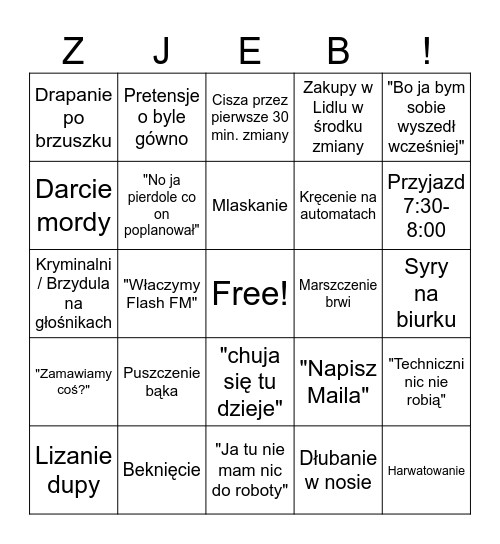ZJEBARA BINGO Card