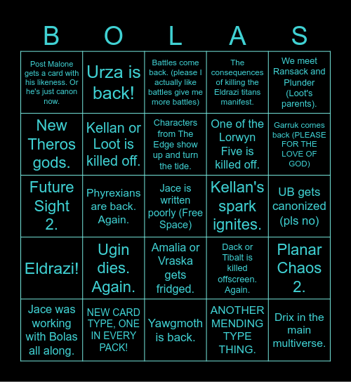 Reality Fracture Bingo Card