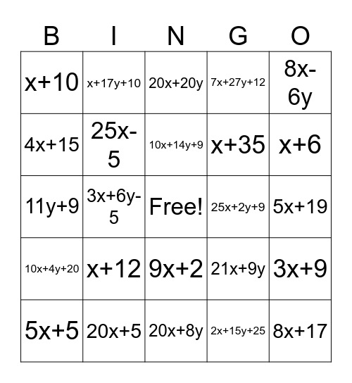 Combine Like Terms Bingo Card