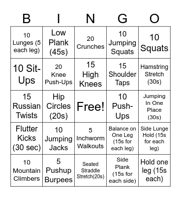 Fitness Bingo Card