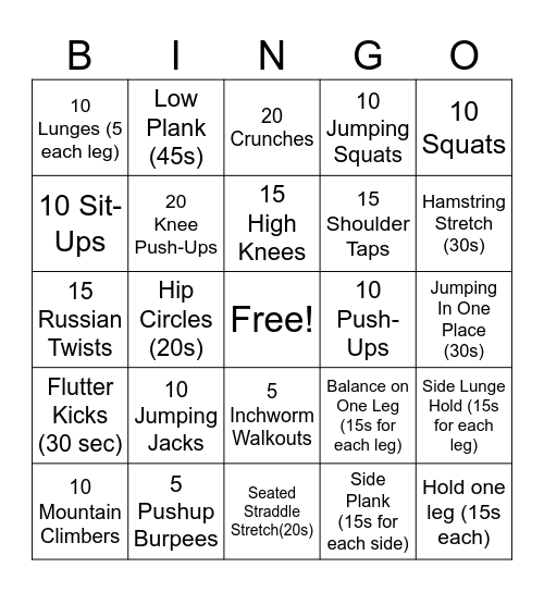 Fitness Bingo Card