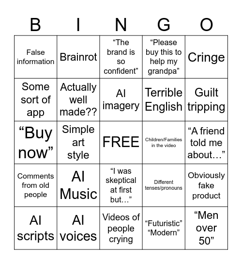 Crappy YouTube ad bingo Card