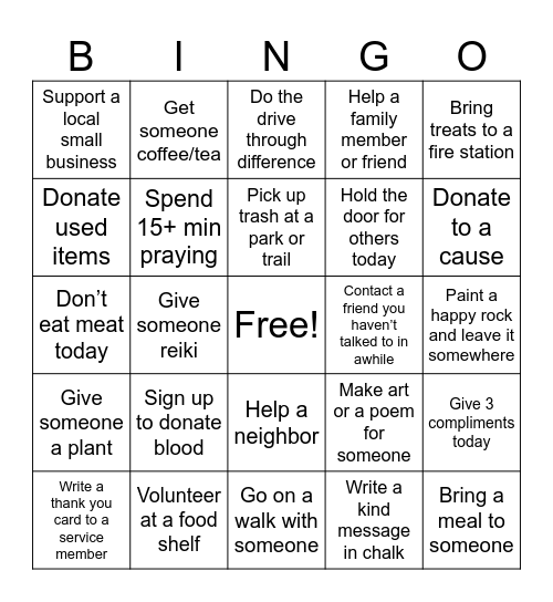 Kindness Bingo Card