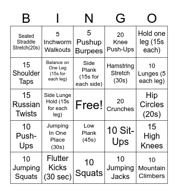 Fitness Bingo Card