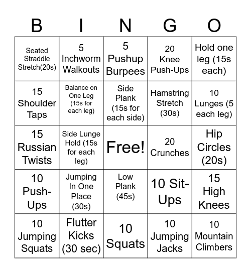 Fitness Bingo Card
