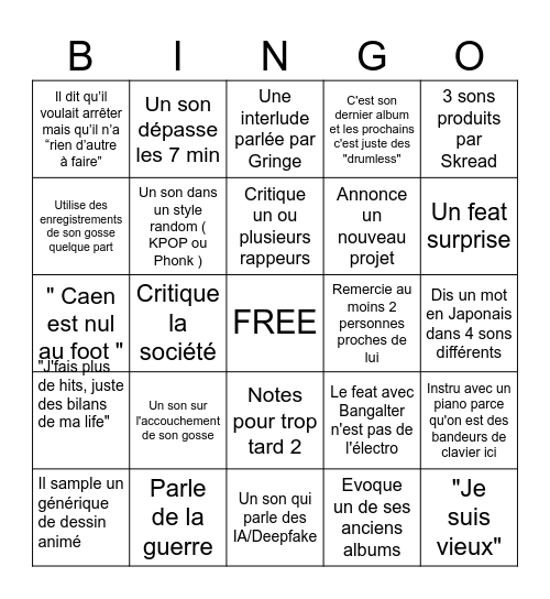 Album Orelsan Bingo Card