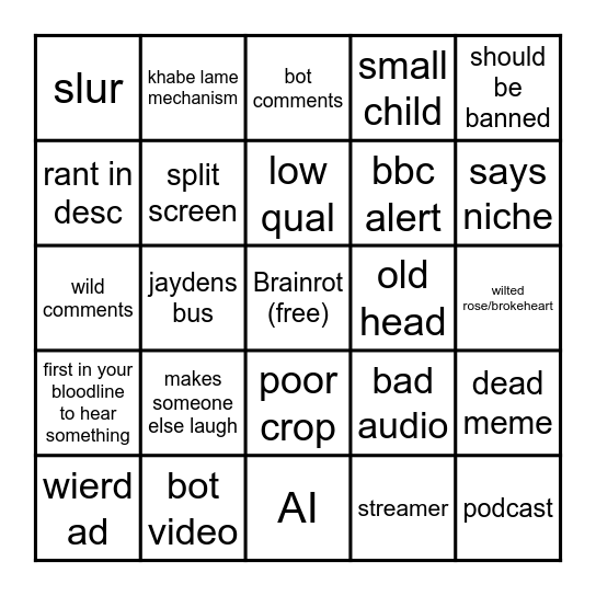 shorts bingo Card