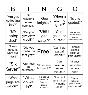 Things students say... Bingo Card