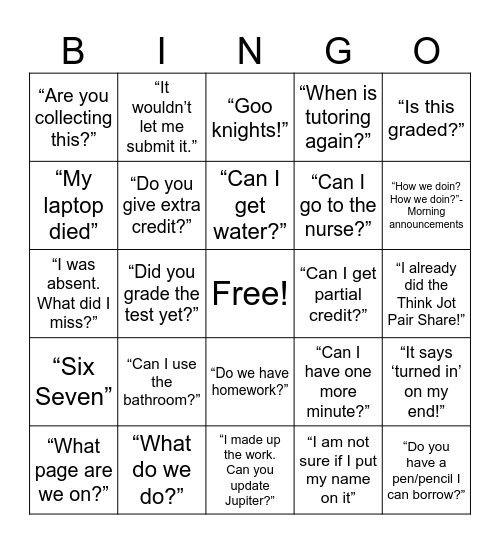 Things students say... Bingo Card