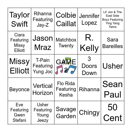 Early 2000's Music Bingo Card