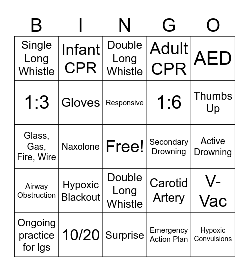 Lifeguard Bingo Card