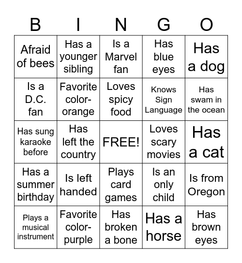 PEOPLE Bingo Card