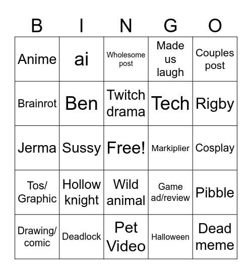 Instagram reels bingo Card