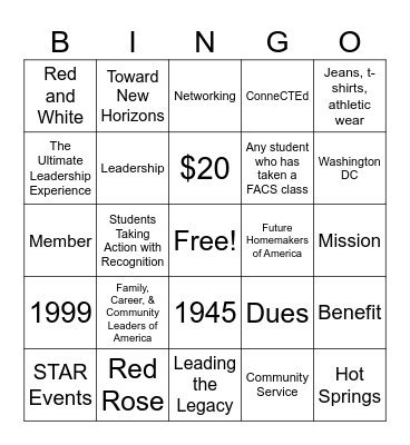 FCCLA Bingo Card