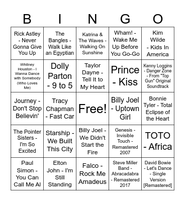 Back to the 1980s- Double Bingo Card
