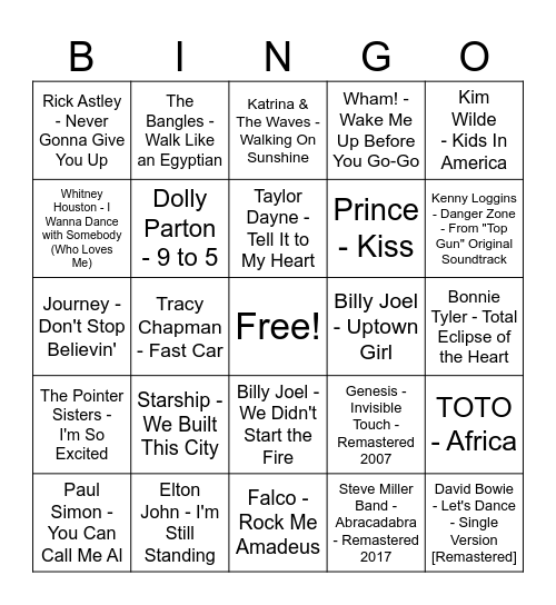 Back to the 1980s- Double Bingo Card