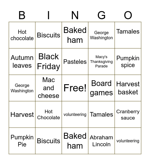 Gobble Gobble Bingo Card