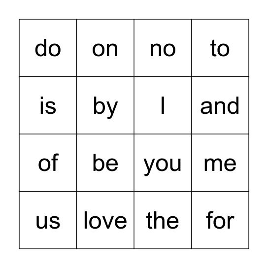 Sight Word Bingo Card