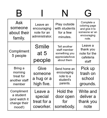 Staff Kindness Challenge Bingo Card