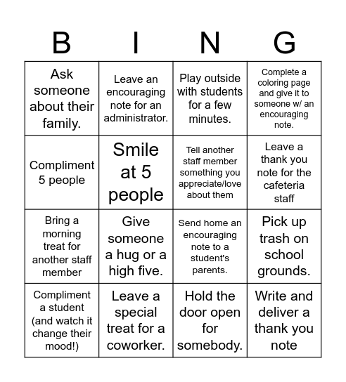 Staff Kindness Challenge Bingo Card