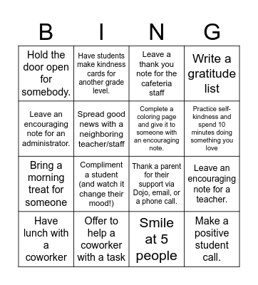 Staff Kindness Challenge Bingo Card