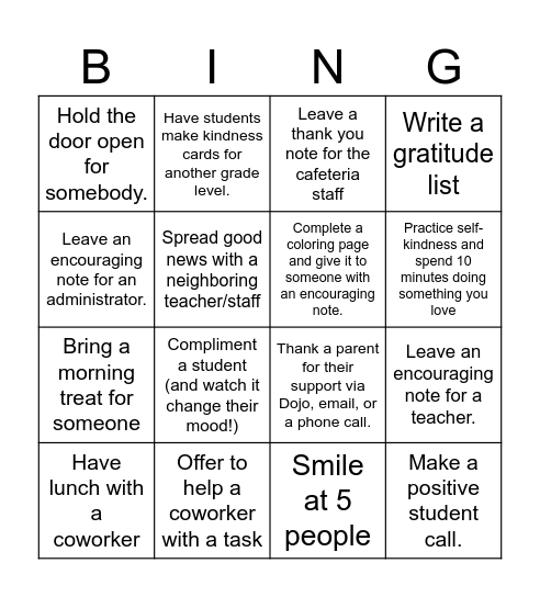 Staff Kindness Challenge Bingo Card