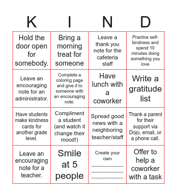 JES Kindness Challenge Bingo Card