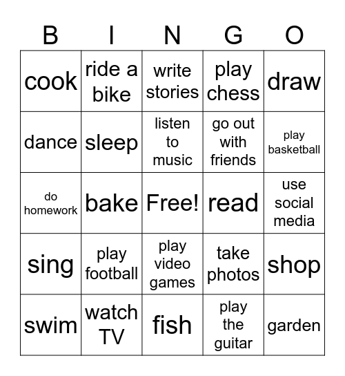 Free-time activities Bingo Card