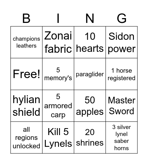TOTK Bingo Card