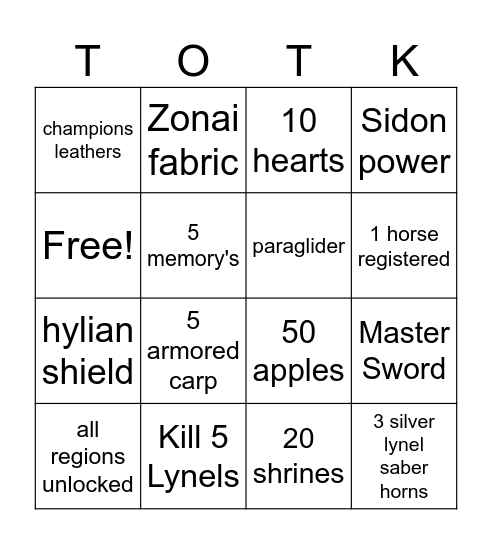 TOTK Bingo Card