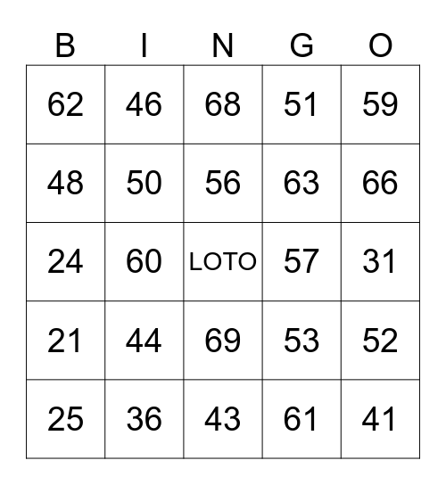De 20 à 69 Bingo Card