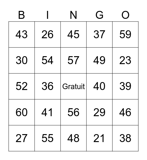 Loto 20 à 69 Bingo Card