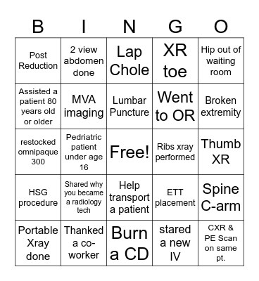 Radiology Tech Week Bingo Card