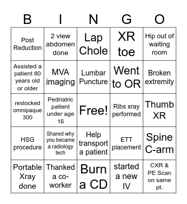Radiology Tech Week Bingo Card