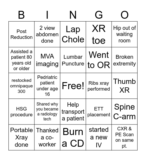 Radiology Tech Week Bingo Card
