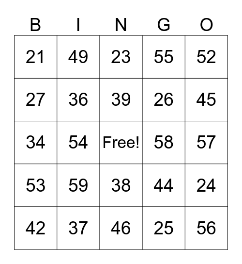 LOTO 20 à 69 Bingo Card