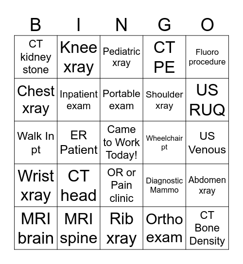 Rad Tech Week Radiology Bingo Card