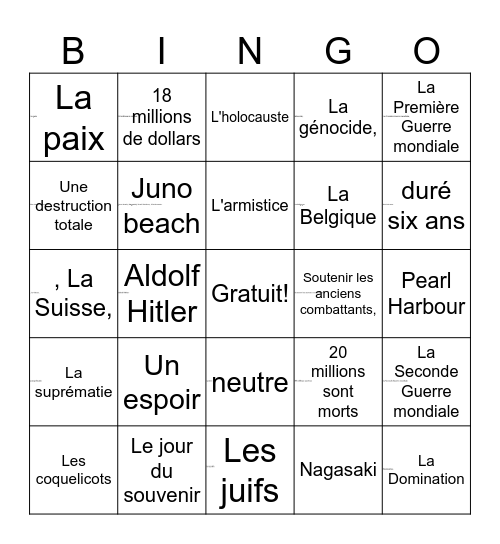 Le Jour du Souvenir Bingo Card