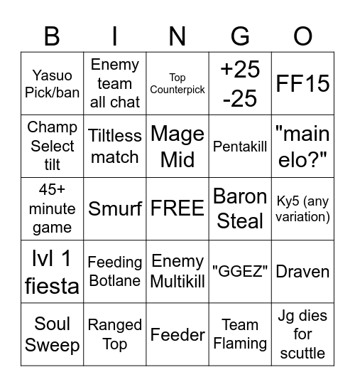league bingo Card