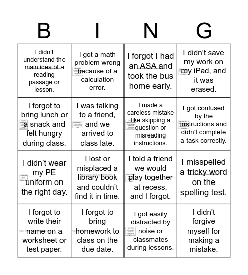 Failures Bingo Card